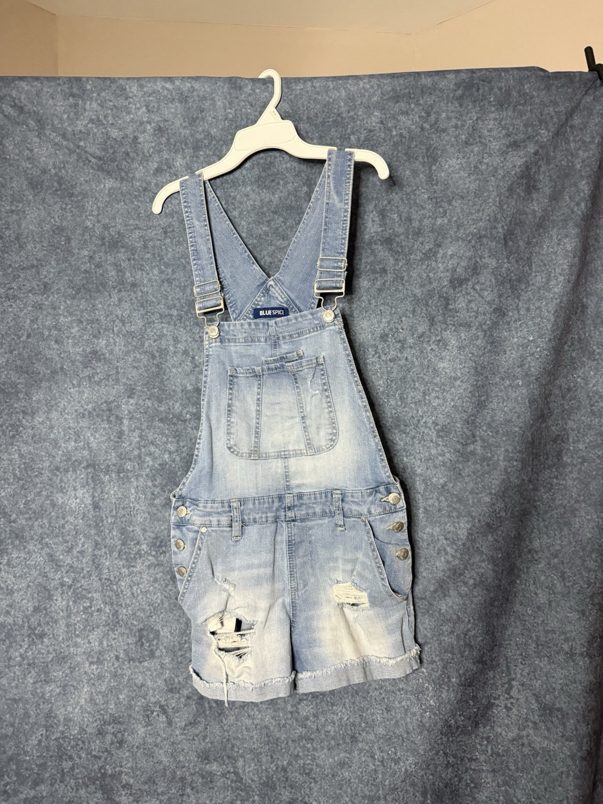 Blue Spice Women’s M Blue Denim Overall Romper Shortalls V-Neck Pockets