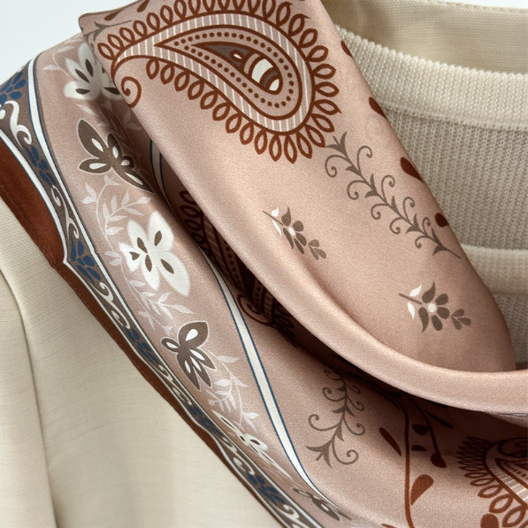 100% Silk Mulberry Shawl 26” Bandana Beige lace Print Neckerchief Scarf Wrap