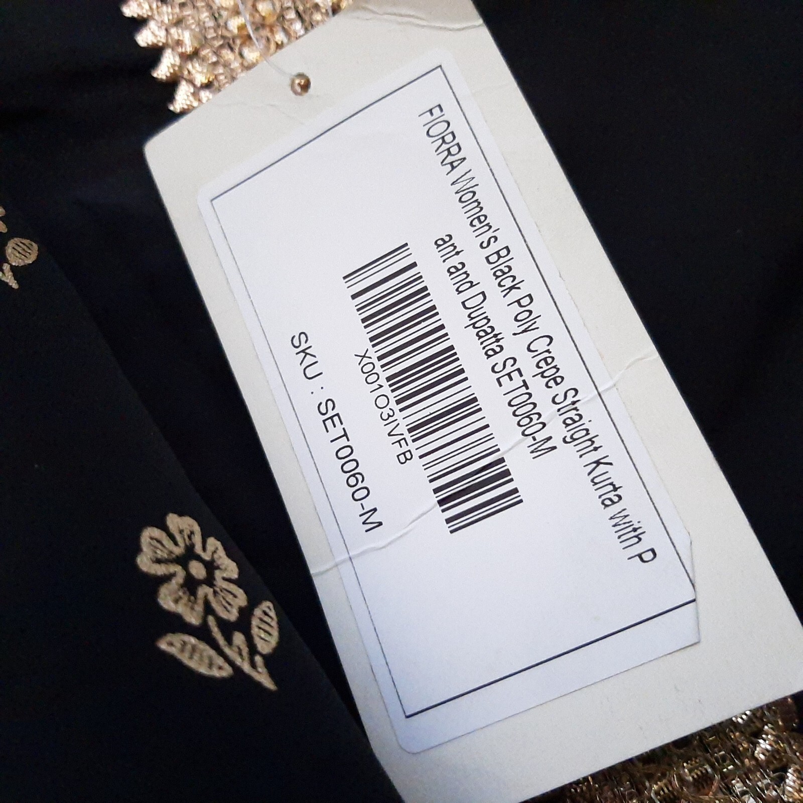 Fiorra Black Poly Crepe Sraight Kurta w/ Pant & 2 Dupatta Set M Black , Gold
