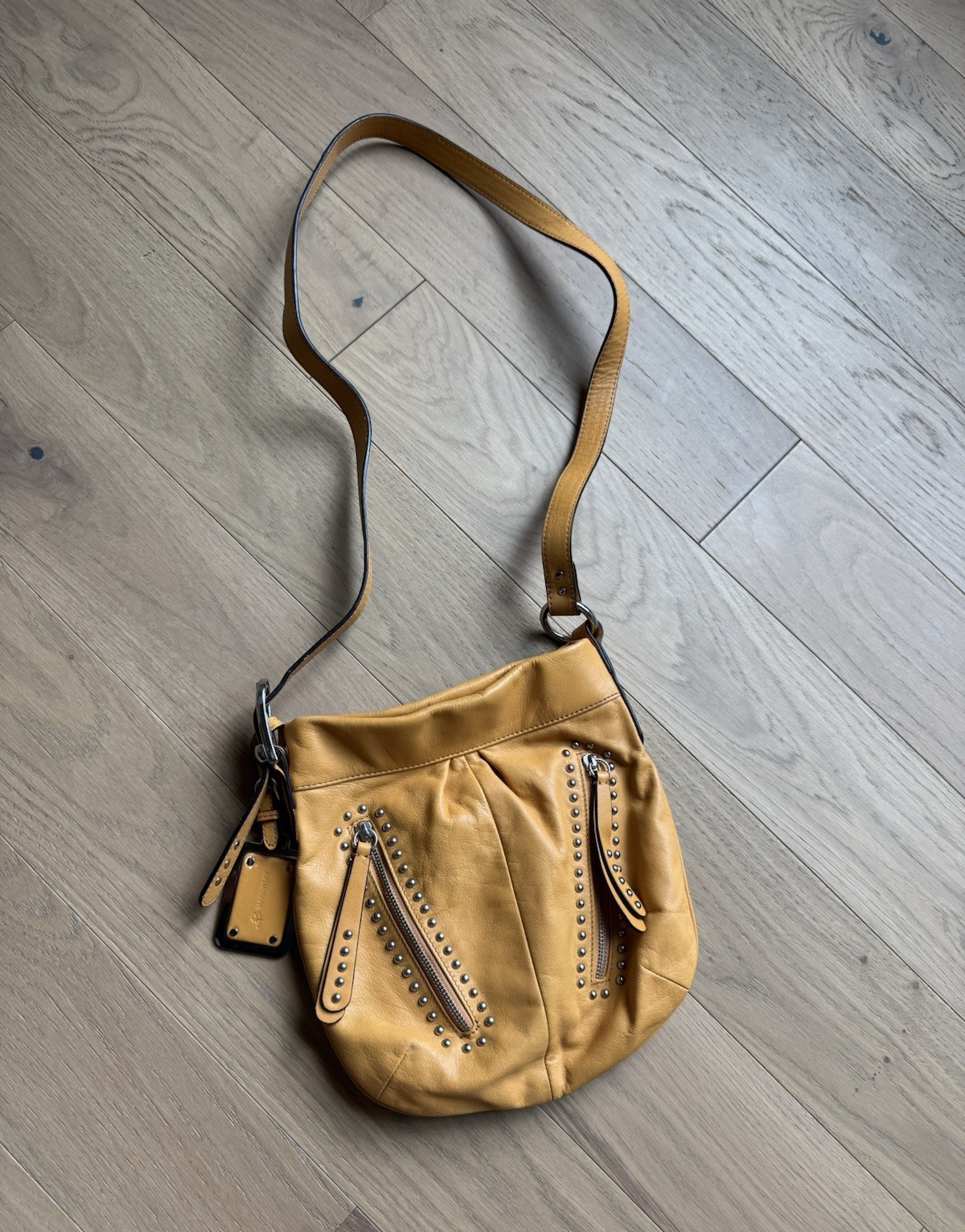 B Makowsky Leather Medium Gold Studded Crossbody Bag