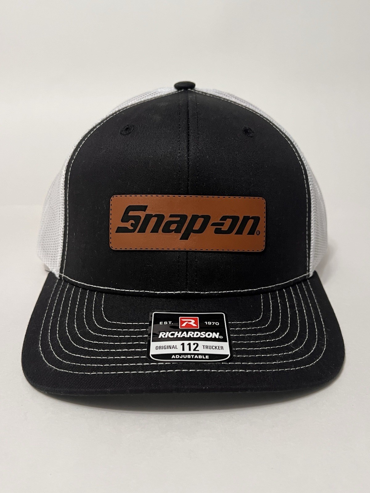 Snap-On Leather Patch Richardson 112 Hat Black/White NWT Mesh Back Trucker Cap