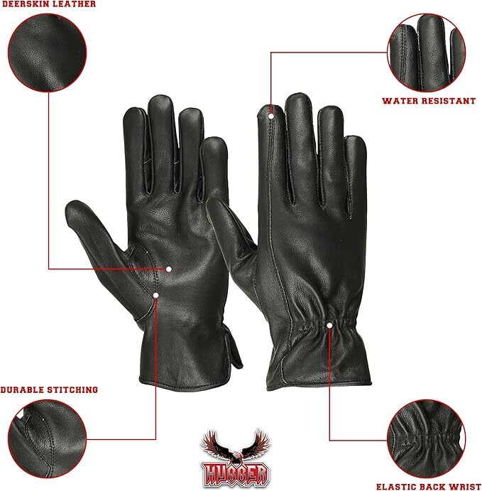 Hugger Men’s Deerskin Water Resistant Leather Gloves Driving Motorcycle Riding