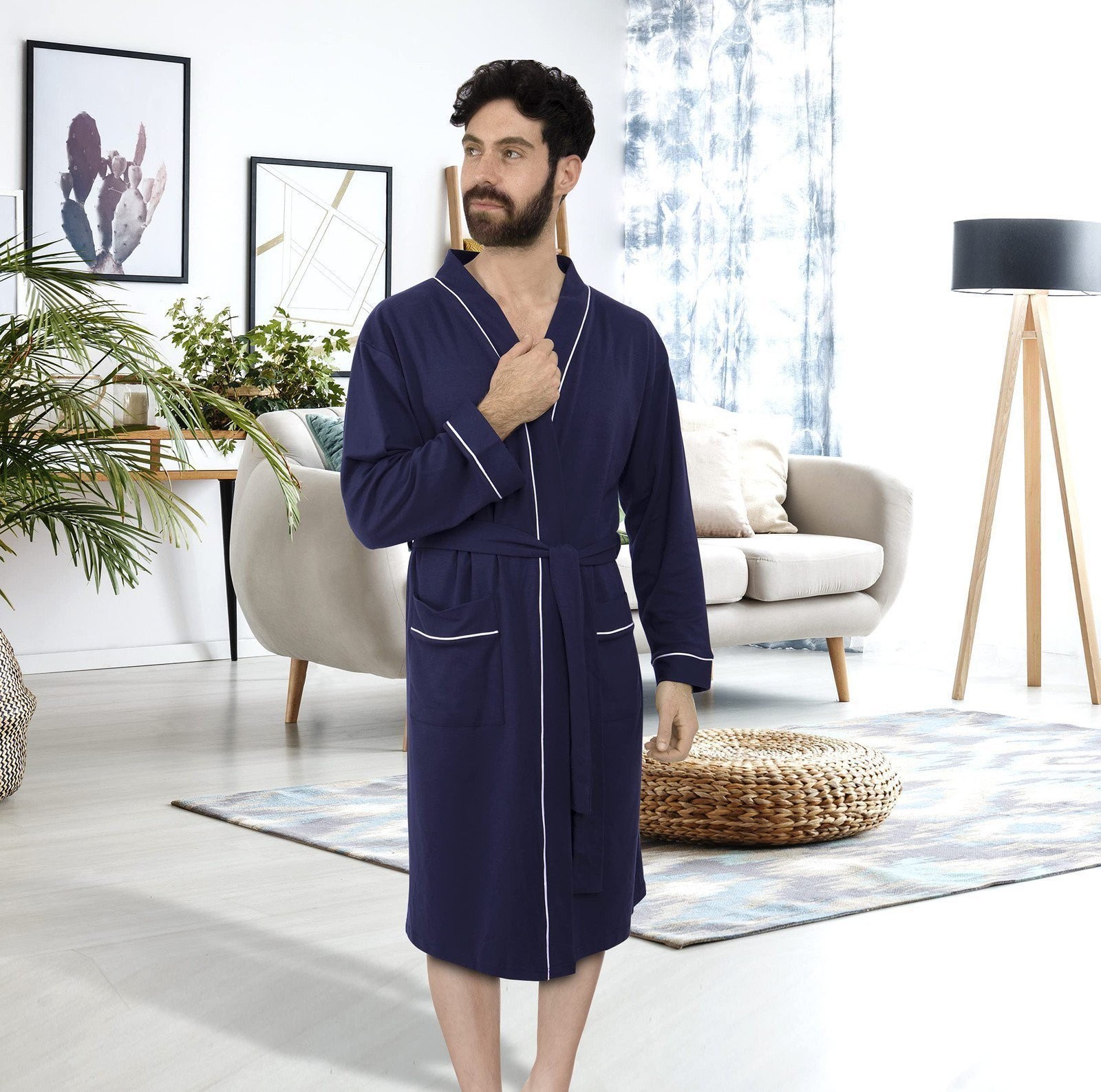 NY Threads Men’s Robe Cotton Blend Knit Bathrobe, X-Large, Navy