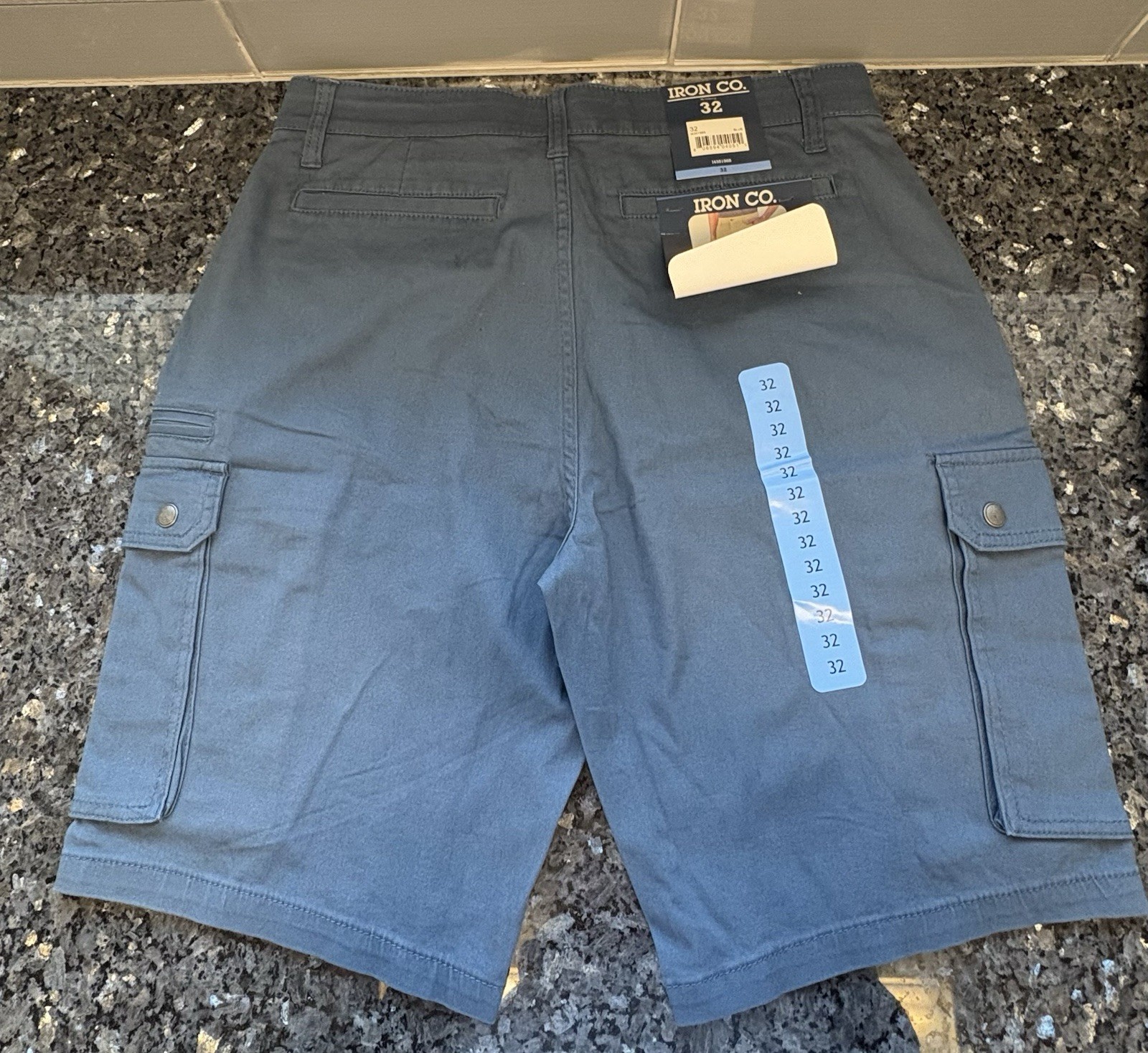 Iron Co. Men’s Blue + Grey Solid Flat Front Cargo Shorts Zip Closure