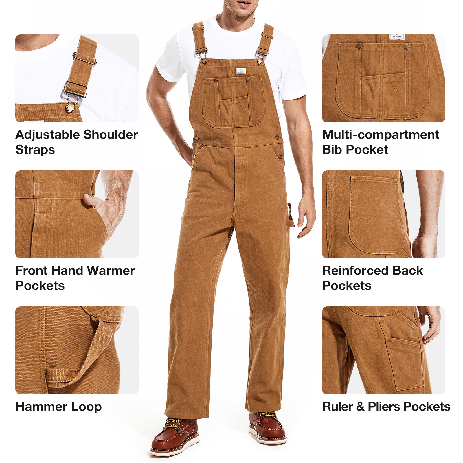 HISEA Men Bib and Brace Dungaree Overalls Heavy Duty Workwear Coveralls Jumpsuit