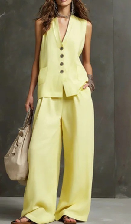 Women Solid Buttons Vest + Pocket Wide-leg Pants Suit Women Casual Two Piece Set