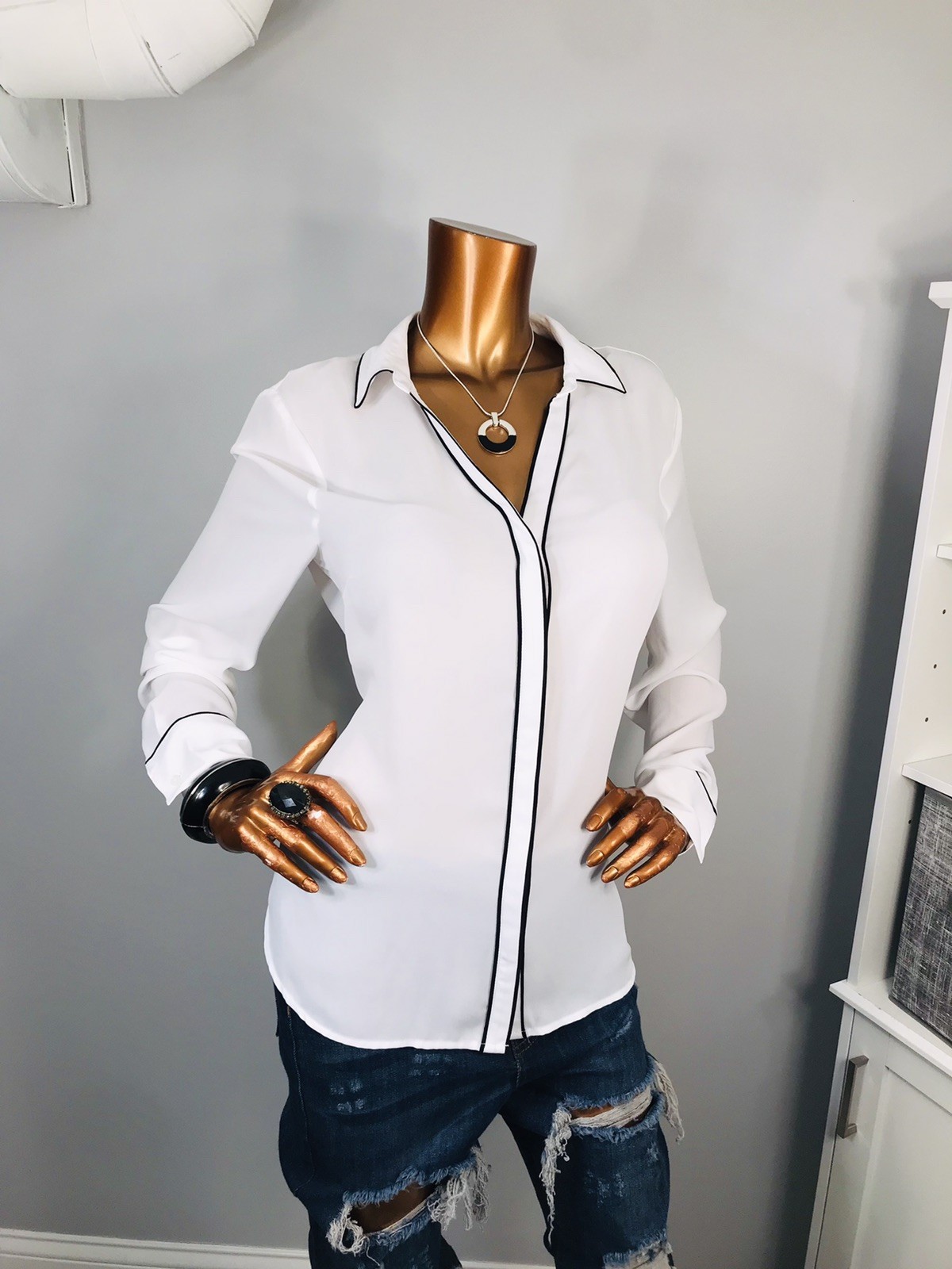 Worthington L Top NWT $37 Sheer Black White Button Up Shirt Blouse Lite Low Cut