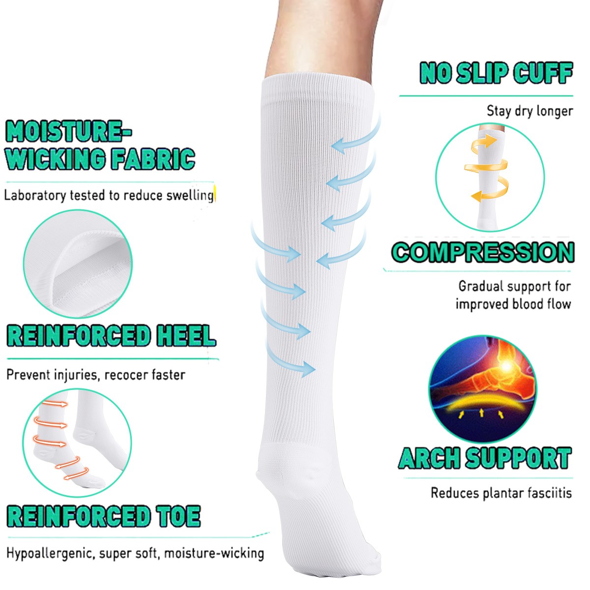 (5 Pairs) Compression 15-20mmHg Graduated Support Socks Calf Mens Womens S-XXL