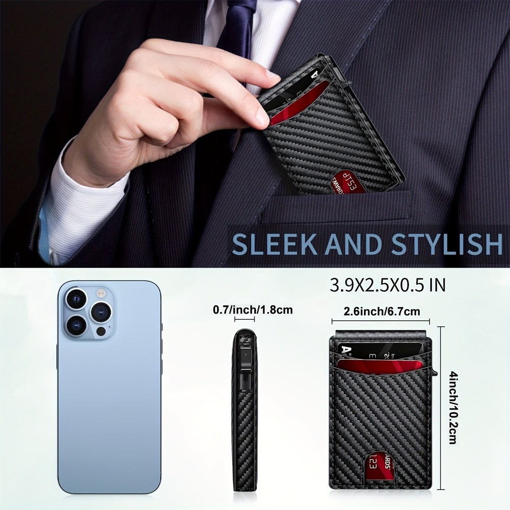 Men’s Slim PopUp Bifold Carbon Fiber Wallet, RFID Blocking, Money Clip, Men Gift