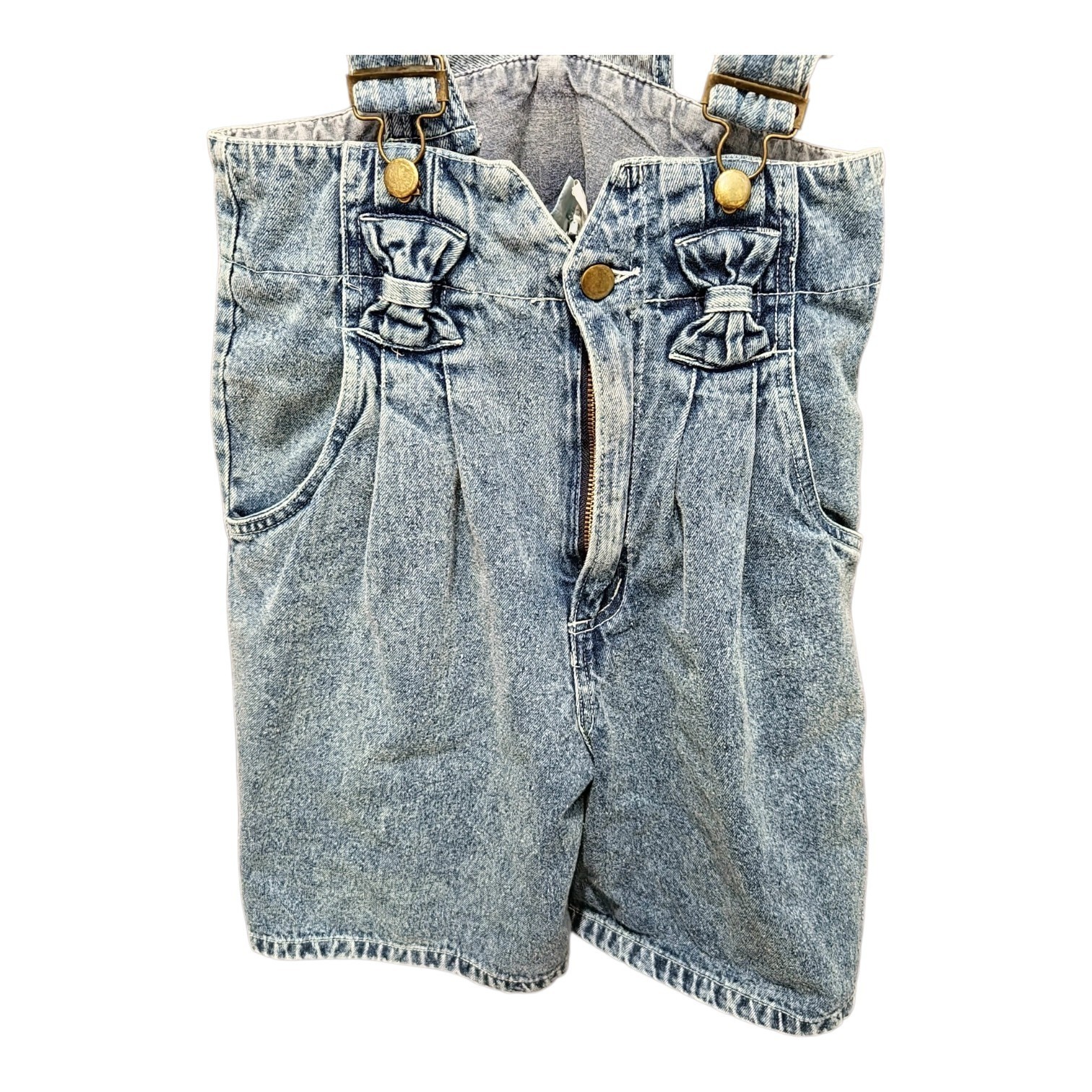 Vintage S 26 W Denim Shortalls Acid Wash 80s 90s Overalls Romper Bows Suspender