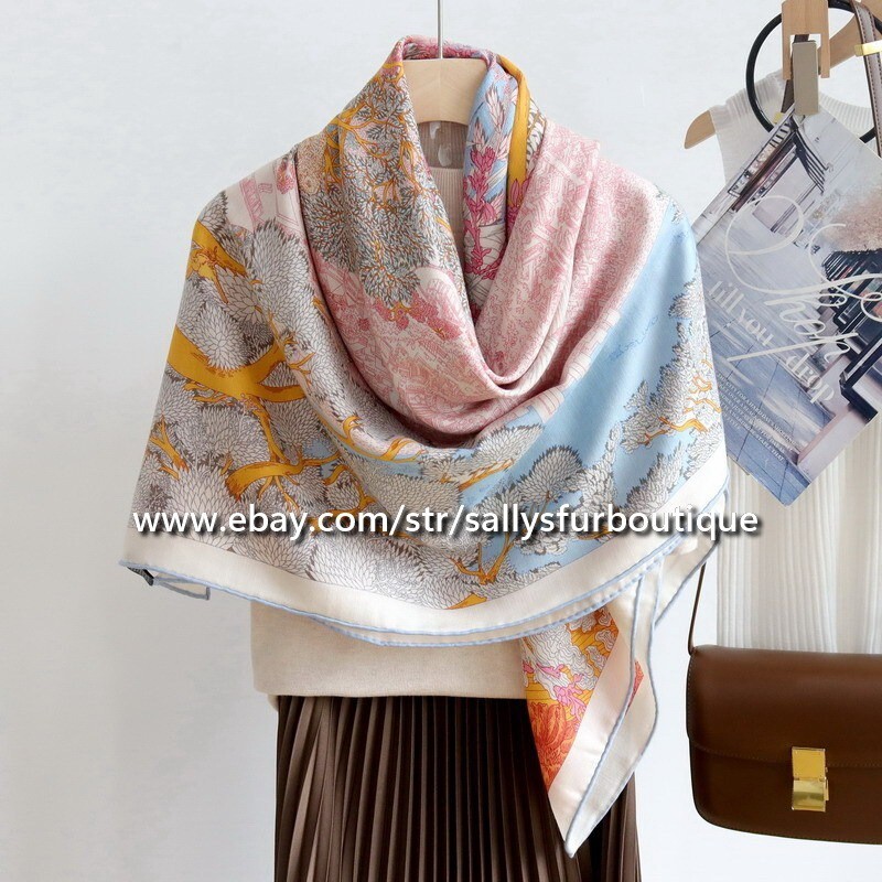 Sallys 70% Cashmere 30% Silk Wrap Scarf Nature Print Double Face Shawl 53″ Pink