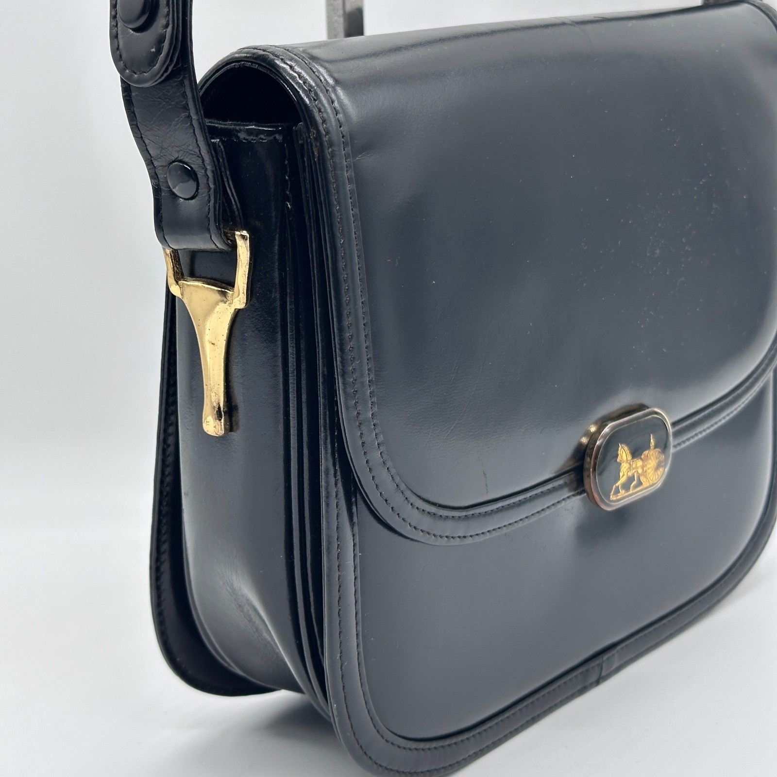 CELINE Shoulder Bag Handbag Horse Black Leather Carriage Purse Vintage Authentic