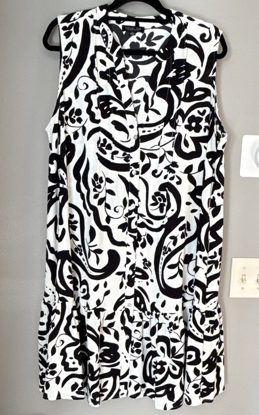 Rachel Zoe 1X Plus Black & White Floral Polyester V-Neck Sleeveless Shirtdress