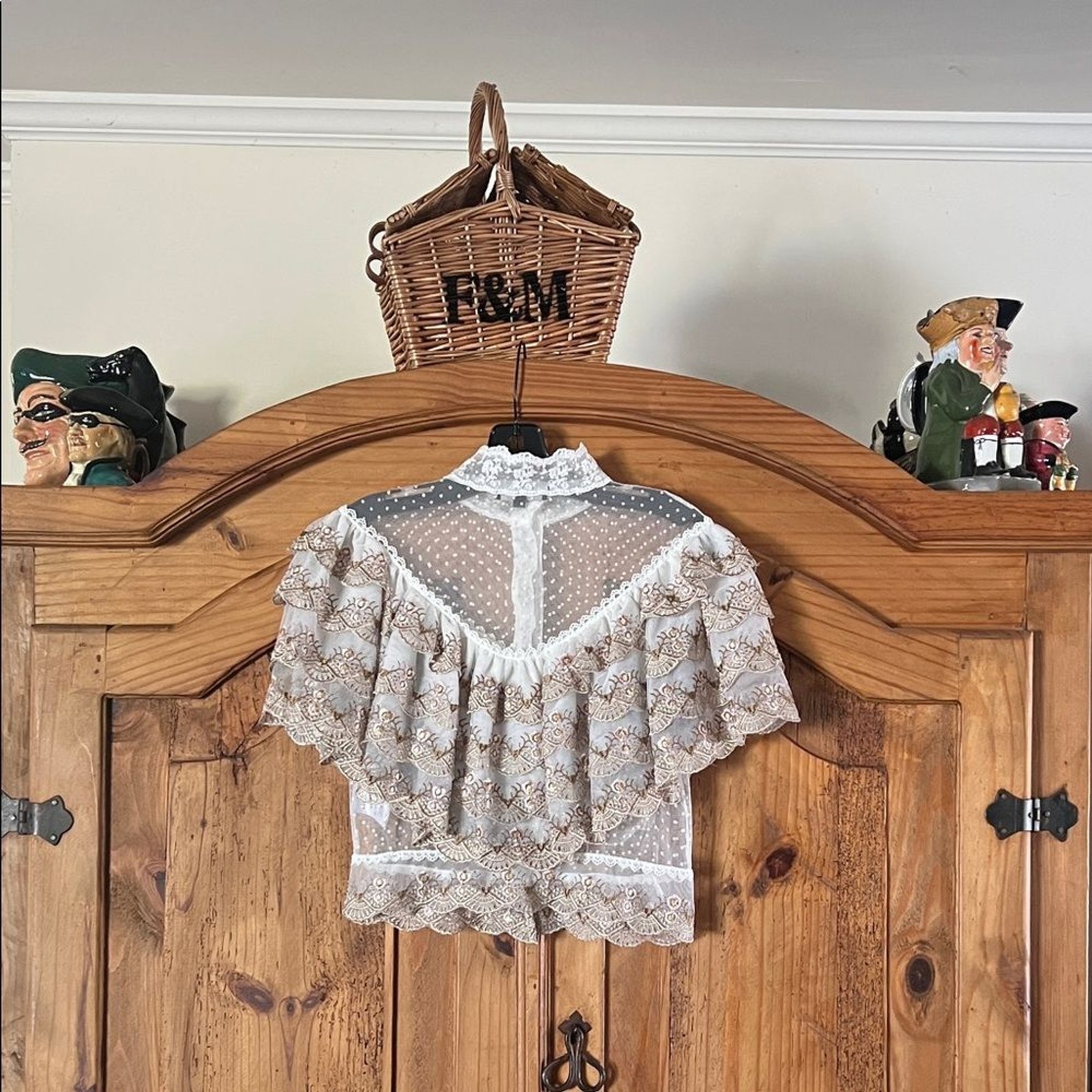 BEULAH Style Victorian-Inspired White Lace Blouse with Golden Embroidery Size: S