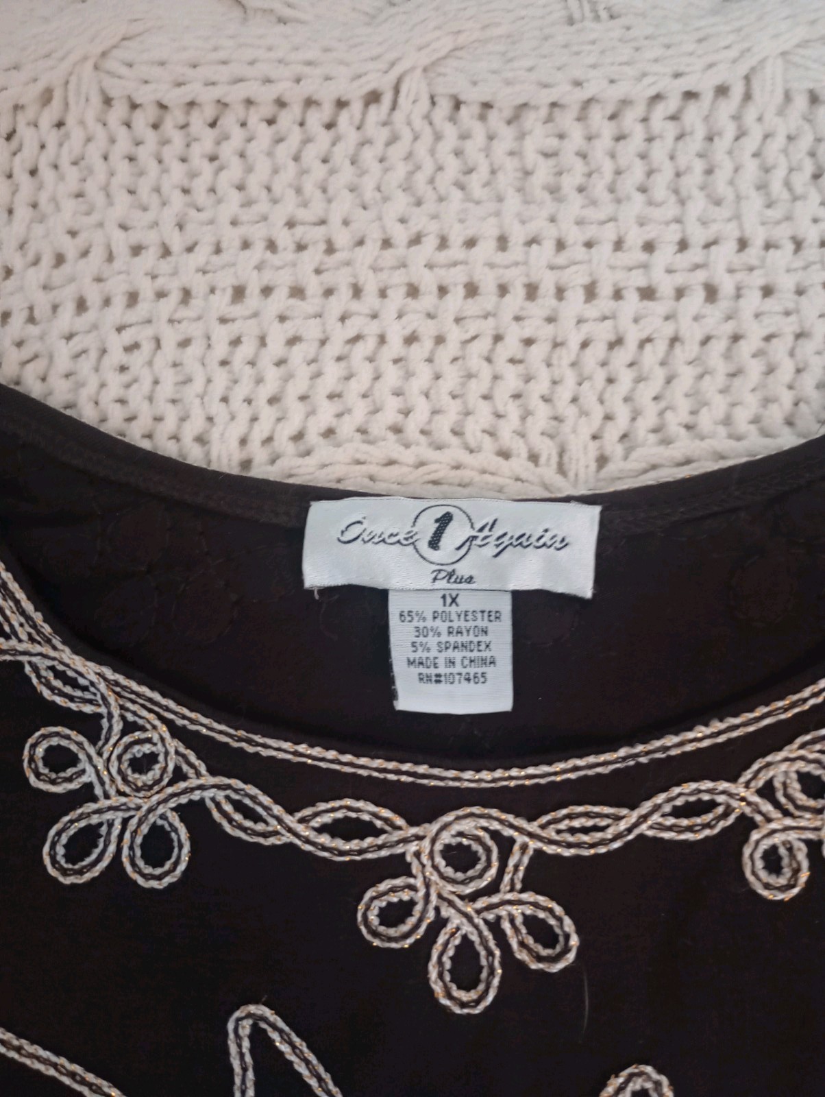 Once Again Plus T-shirt with Brown Embroidery Size 1X