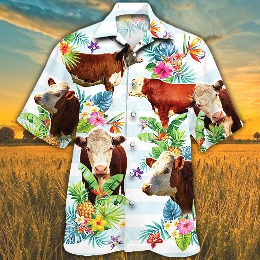 Hereford Cattle Lovers Tropical Flower Trendy Hawaiian Shirt, Cow Trendy Hawaii