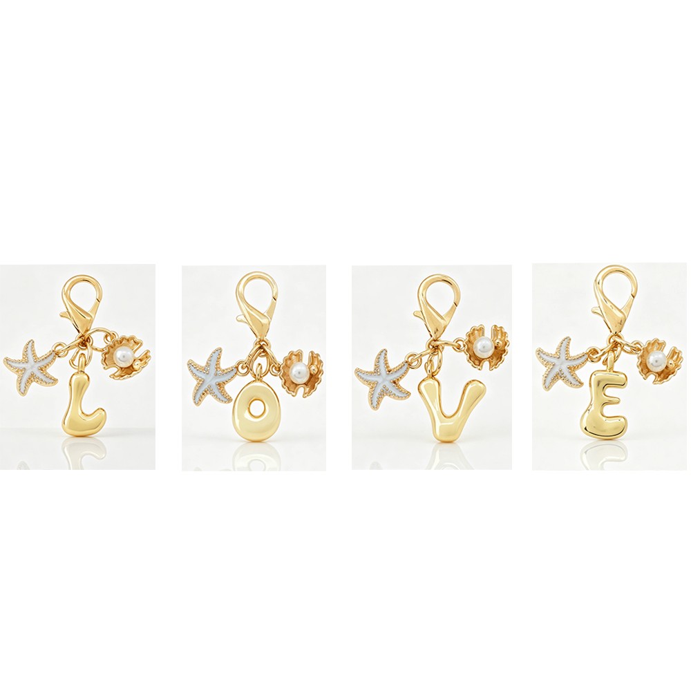 1PCS A-Z Gold Bubble Alphabet Keychain Starfish Shell Bag Charm Couple Gift