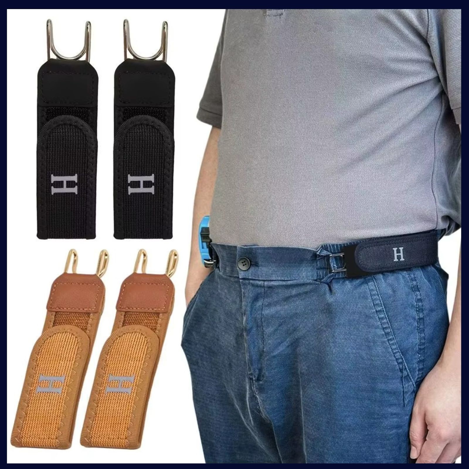 Men’s Elastic Side Belt No Buckle Hook Closure Adjustable Fits Waist Up 55 Inch