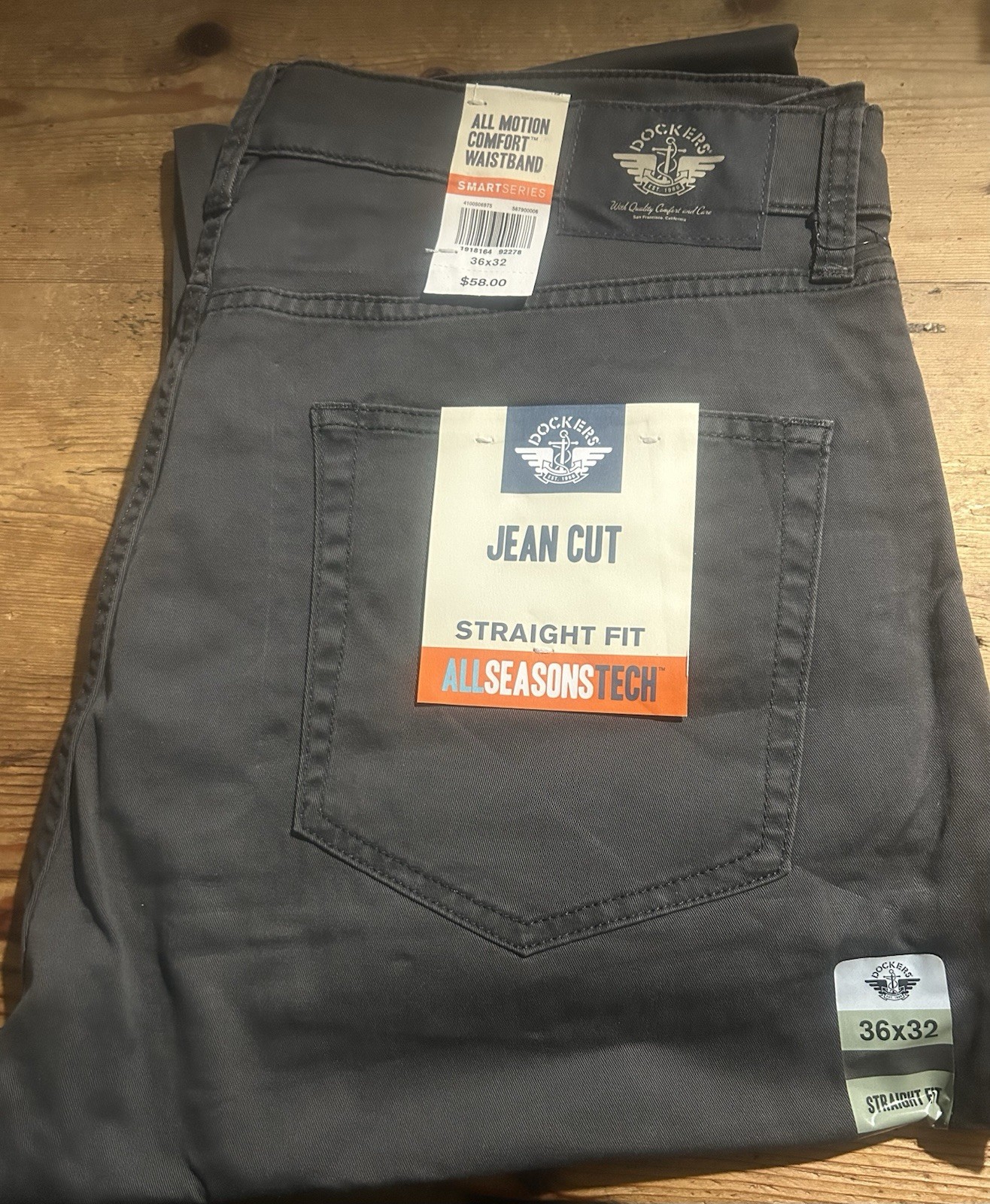 NEW DOCKERS ALL SEASON TECH JEAN CUT STRAIGHT FIT Dark Gray PANTS SZ: 36×32