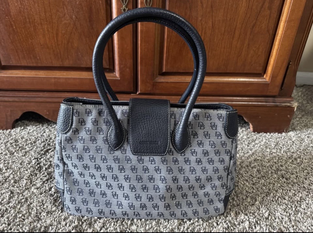 Dooney & Bourke Gray & Black Monogram CanvasBlack Leather Trim Shoulder Bag