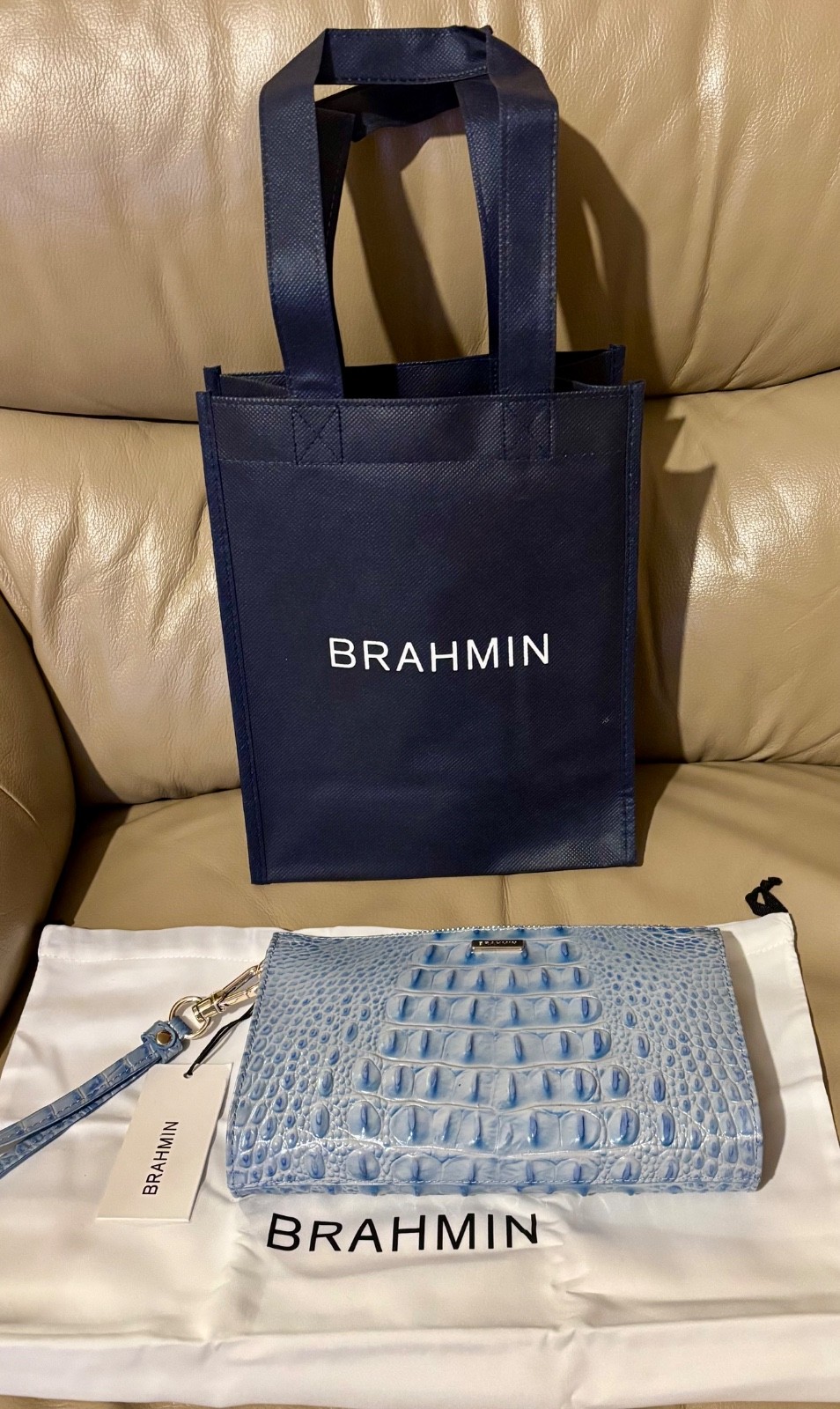 NEW – BRAHMIN DAISY DAISY, BLUE OMBRE CROCODILE LEATHER CLUTCH WITH DETACHABLE