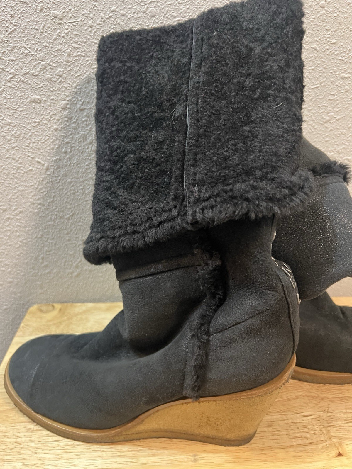Chanel Boots 40 Wedge Knee High Suede Sherpa Fur Lined Biker Moto Spellout Logos