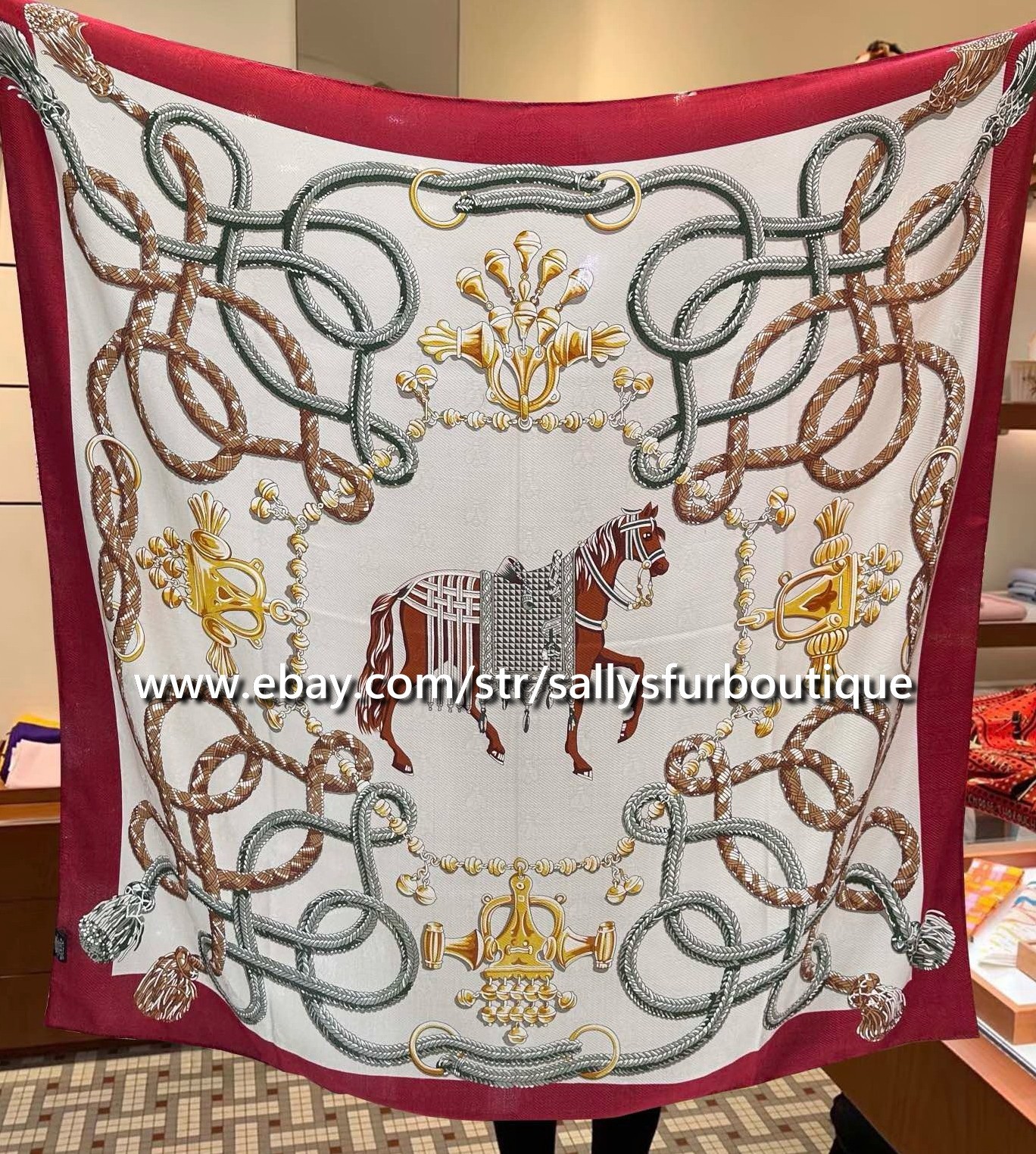 Quality Cashmere & Silk Jacquard Horse Print Double Face Shawl Scarf 53″
