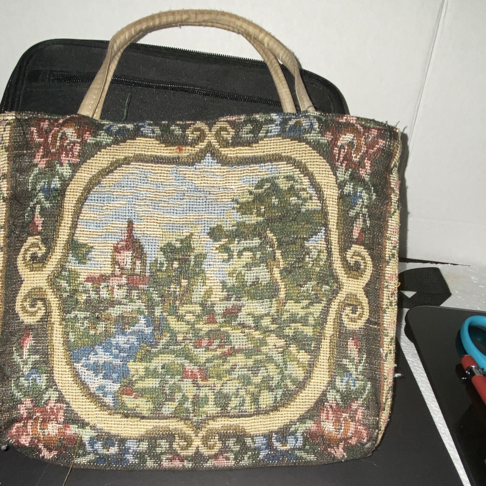 Multicolor Tapestry Woven Top Handle Satchel Handbag Floral Scenic Lined