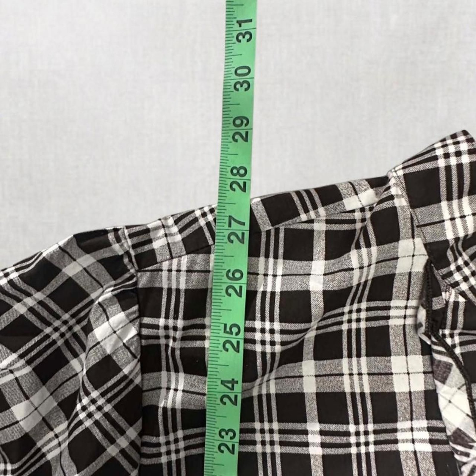 Black and White Plaid Button Up Blouse with Ruffle Details