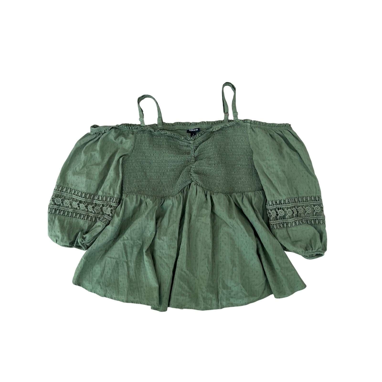 Torrid Cottagecore Boho Smocked Crochet Lace Off Shoulder Top Olive Green 1X