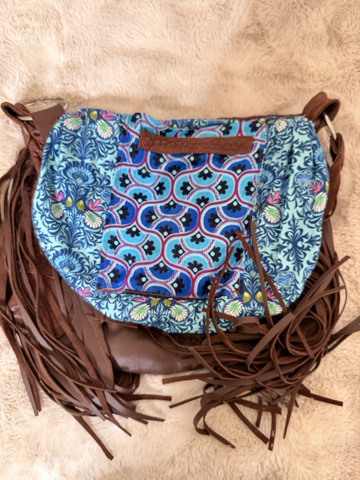 Brown Fringe Hobo Shoulder Bag Turquoise/Blue Paisley Flap Zip, Pouch