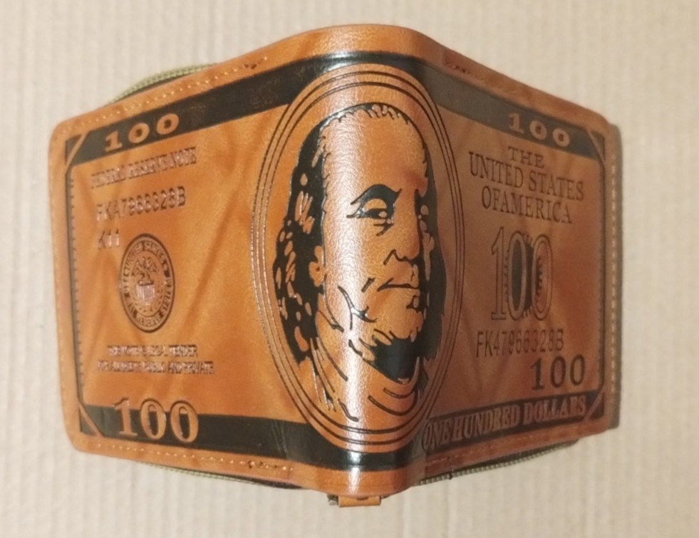 $100 Bill Money Print Bi-Fold Wallet with Zipper Closure – Novelty Accessory New