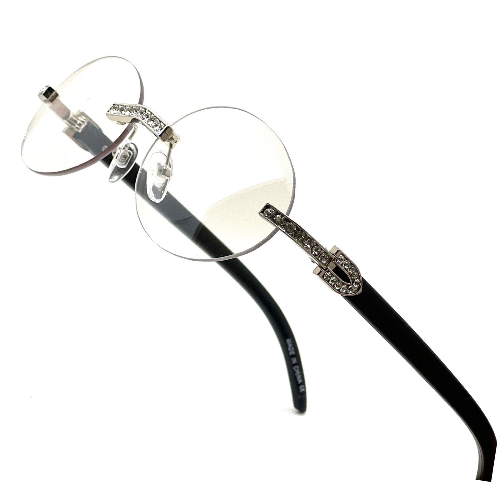 Rhinestone Rimless Round Sunglasses Fashion Clear Lens Glasses Hip Hop 80’s 90’s