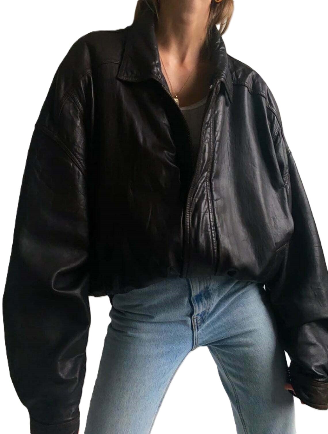 Women 90’s Fashion Leather Jacket Vintage Black Leather Oversized Bomber Jacket