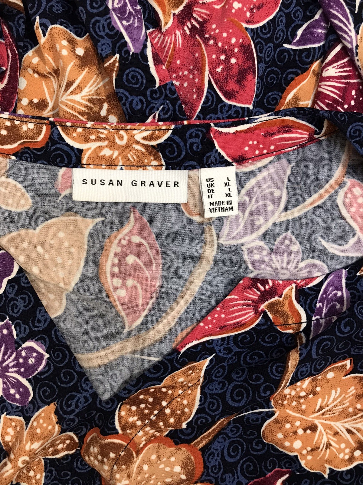 Susan Graver L Top Stretch Loose Fit Floral Prints Blouse Tunic Long Slv Low Cut
