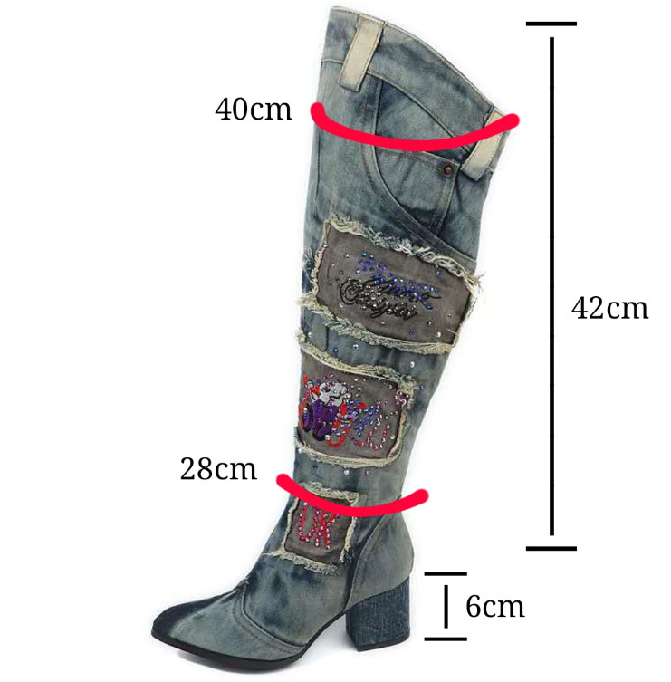 Womens Fashion Denim Block Heels Pointy Toe Thigh High Riding Over Knee Boots
