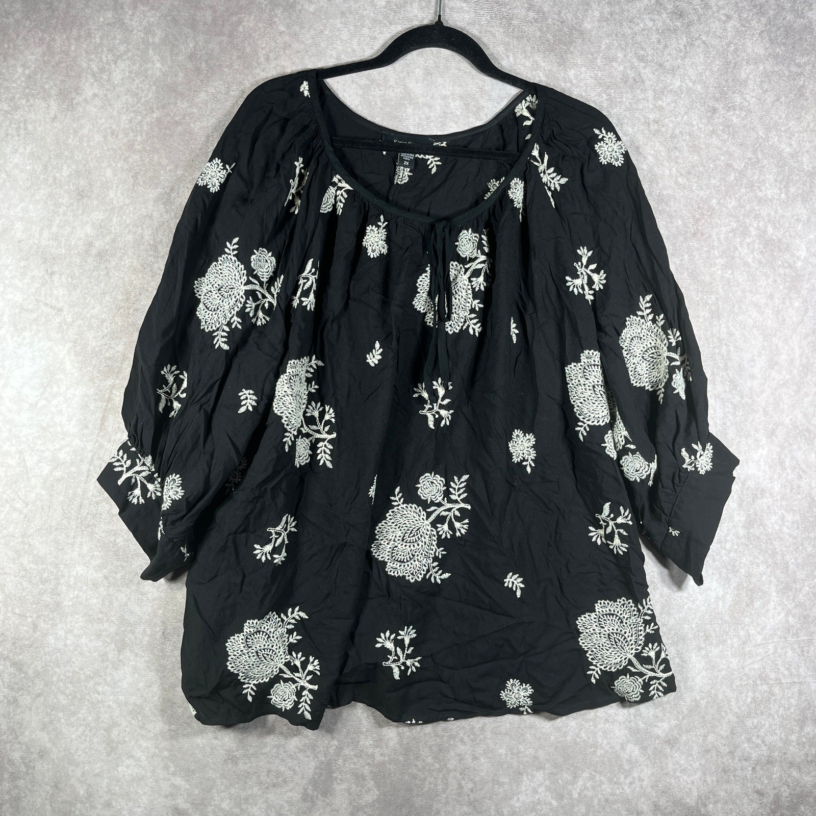 Karen Kane Top Womens Size 2X Black Embroidered V-Neck Boho Office Work Casual