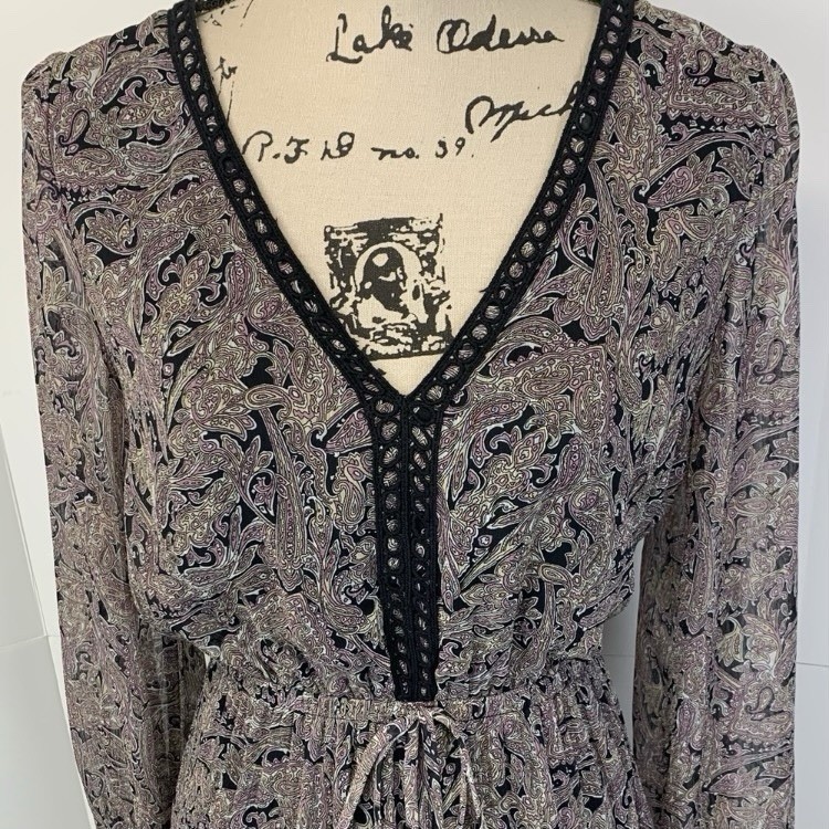 Lovestitch Women Small Maxi Dress Paisley Victorian Chiffon Tassels Sheer Boho