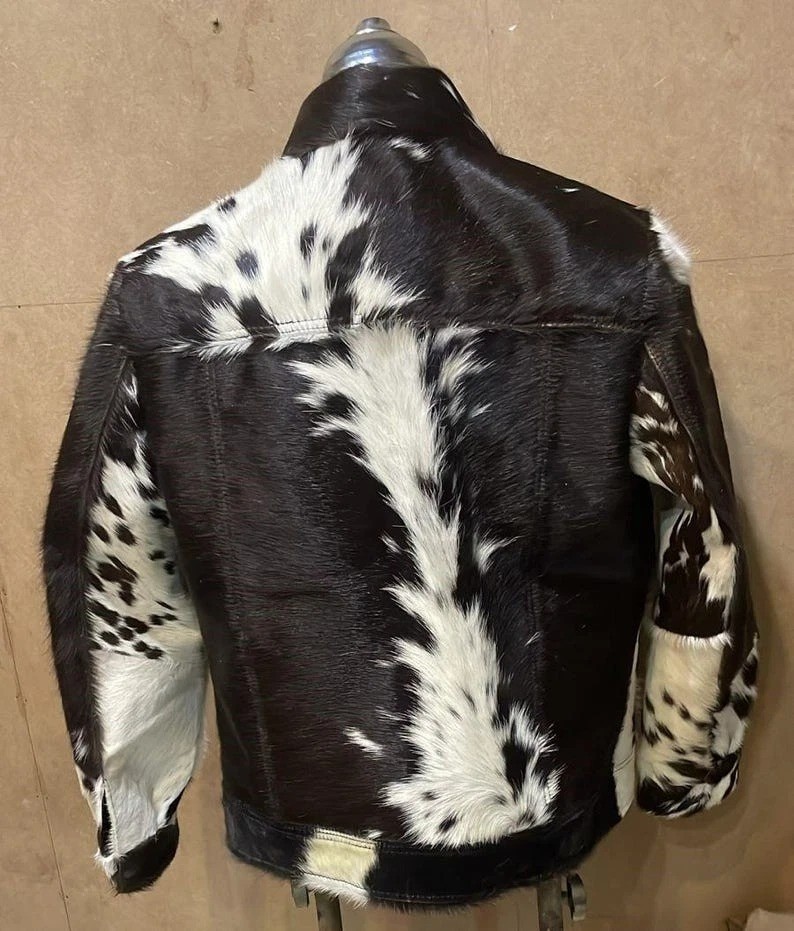 Men’s Genuine Cowhide Hair-On Leather Jacket -Natural Cow Skin Pattern Coat Gift