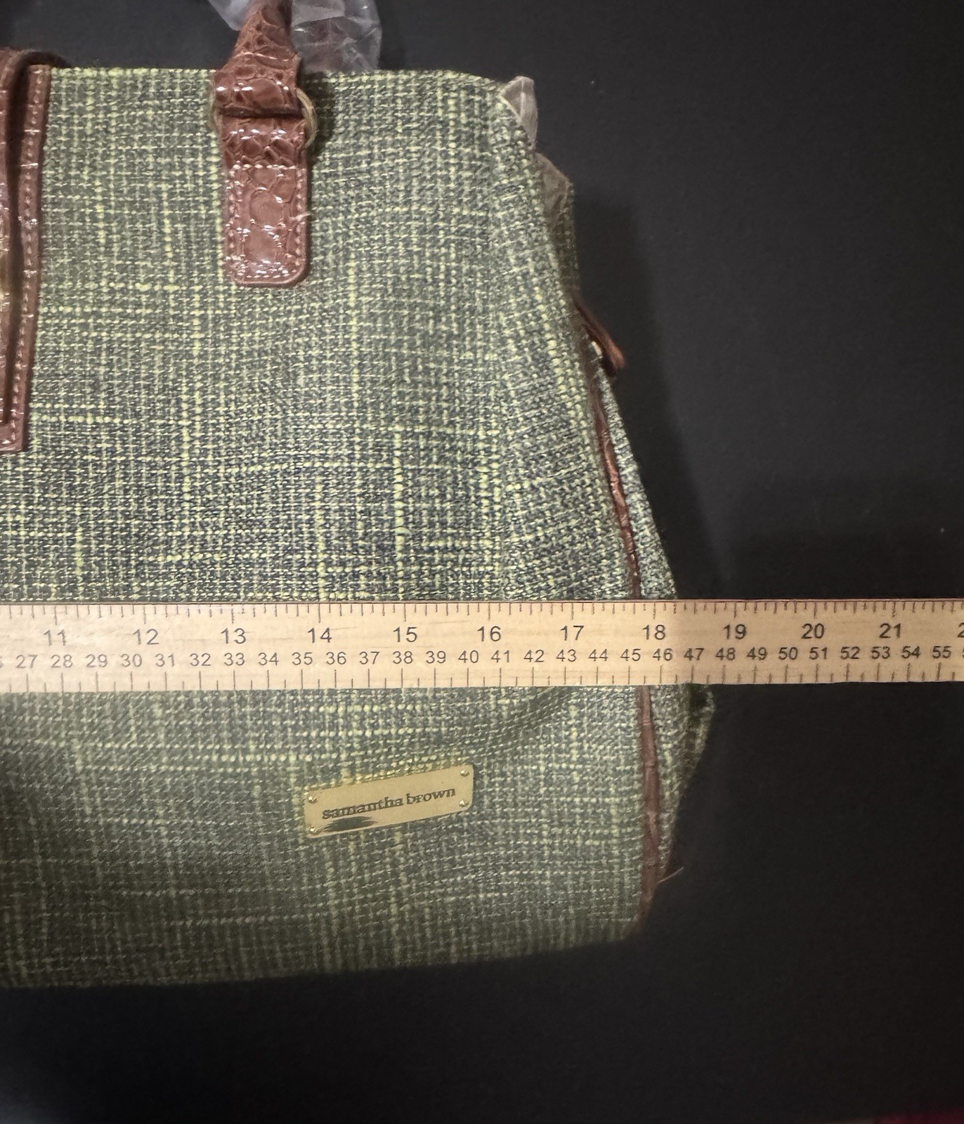 Samantha Brown Green Tweed Satchel Top Handle, Zip, Detachable Strap