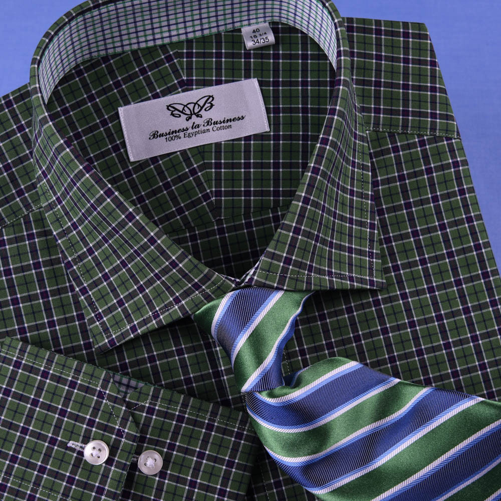 Dark Forest Green Checkered Dress Shirt Men’s Formal Business Sexy Polo Design