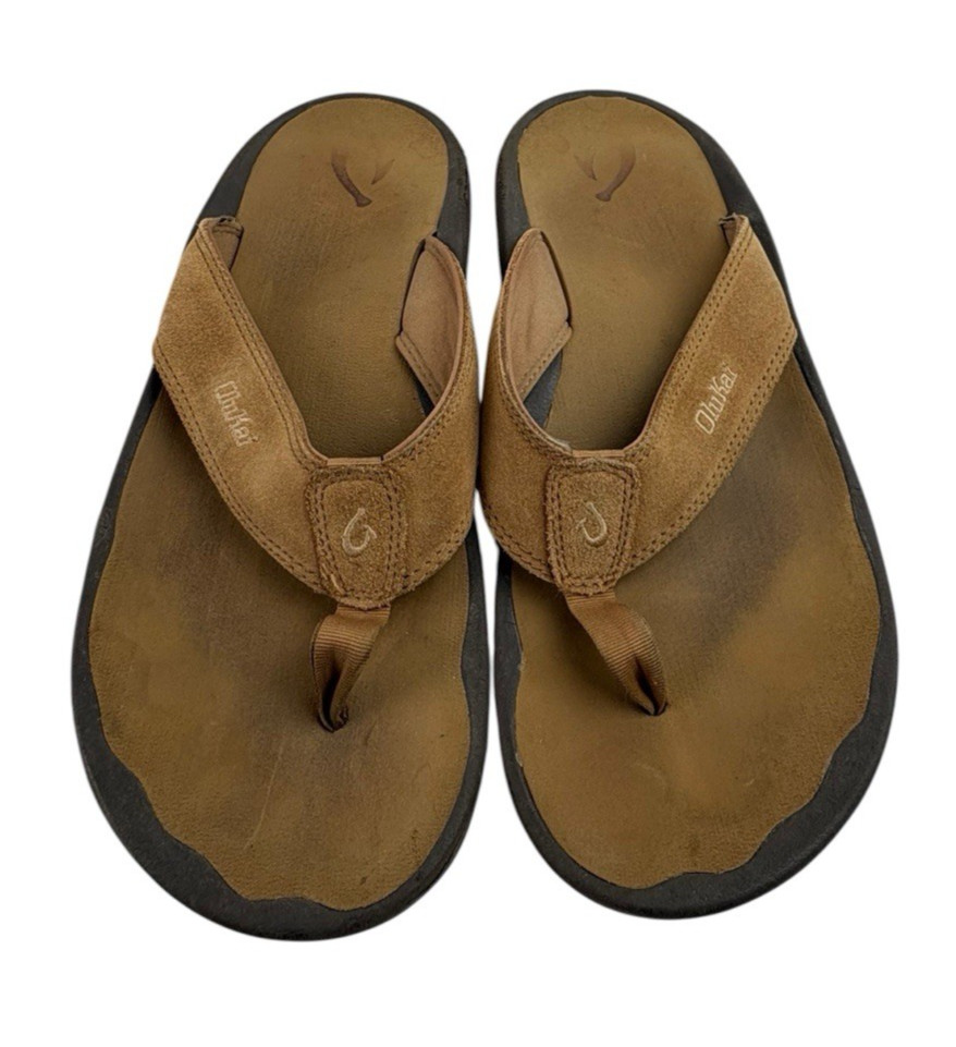 OluKai Mens Tuahine Leather Flip Flop Sandals Size 12 Brown Leather Comfort Shoe