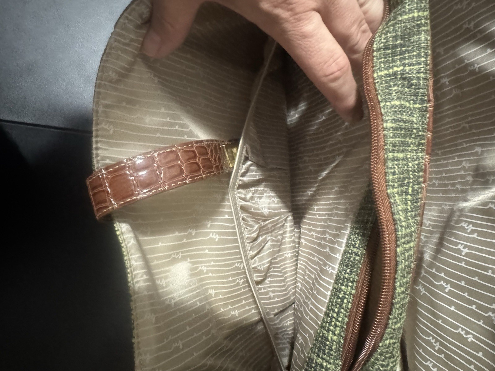Samantha Brown Green Tweed Satchel Top Handle, Zip, Detachable Strap