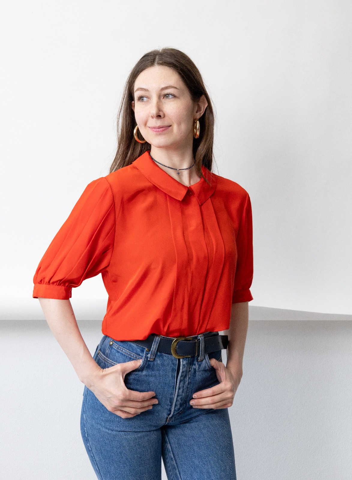 Vintage 80s 90s Tomato Red Blouse Peter Pan Collar Puff Sleeve Coquette Womens S