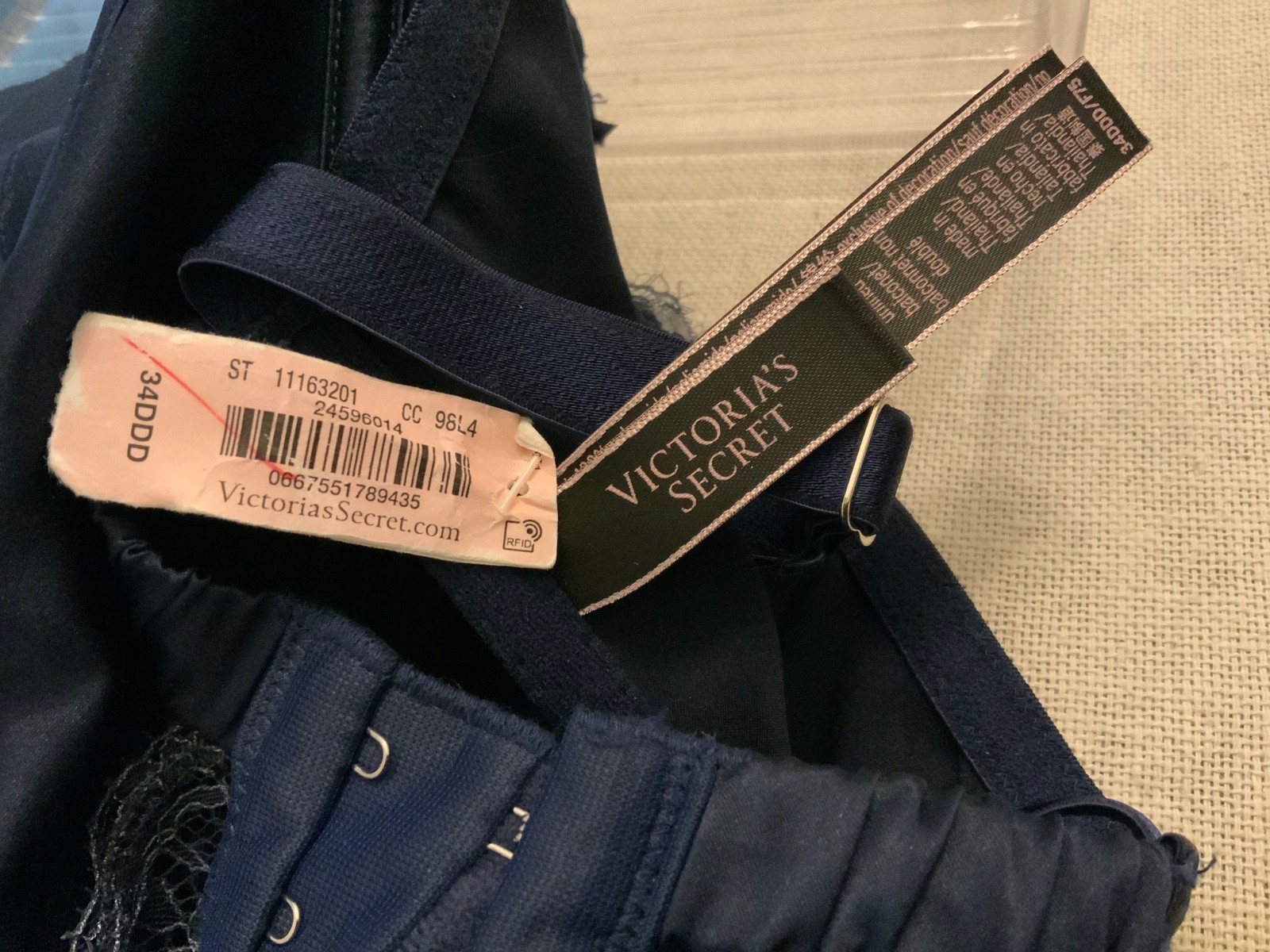 New Victoria’s Secret Bra 34DDD Panty Set deep blue large Satin Romper lace Goth