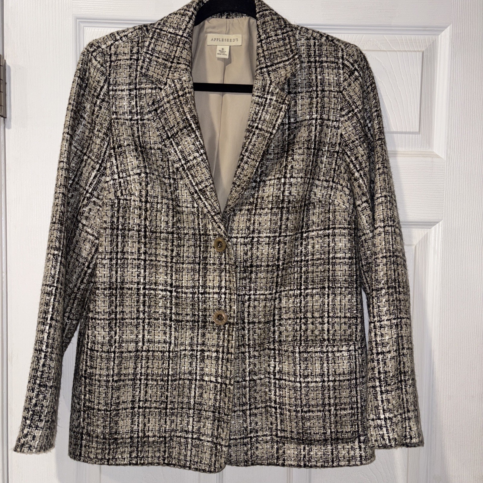 Appleseeds Blazer Beige White Black Plaid Pockets Buttons Size 8