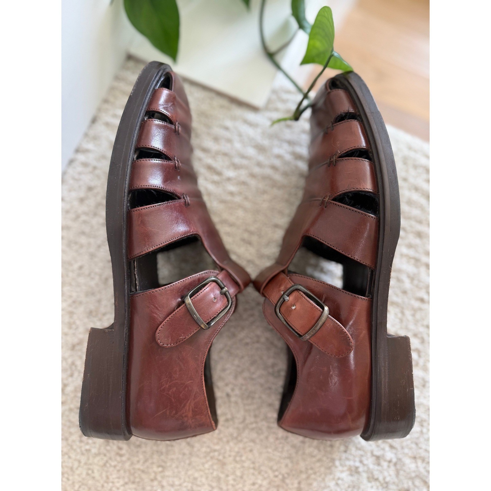VINTAGE Mezlan DIABLO Fisherman Sandals Men 8.5 Leather Handcrafted Spain WALNUT