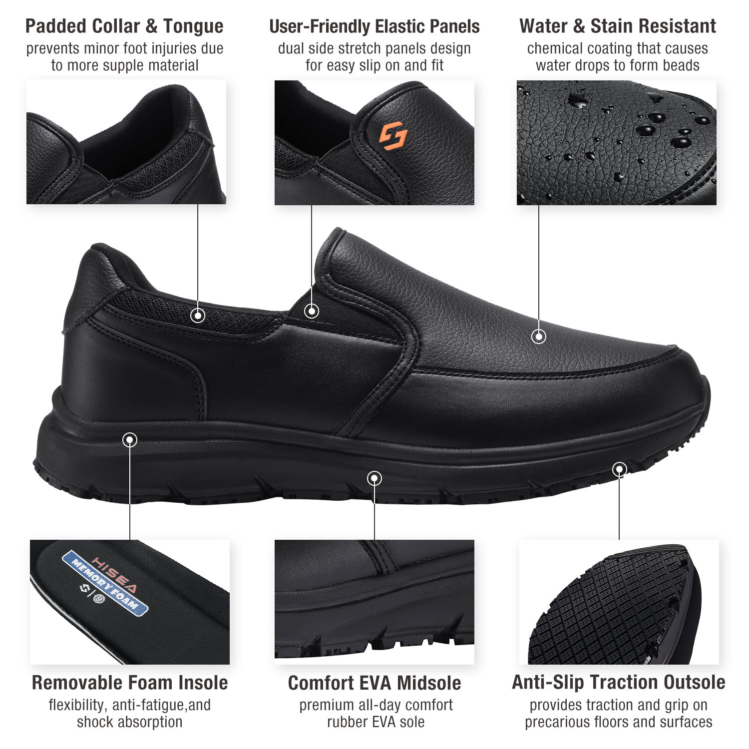 HISEA Men Non Slip Food Service Shoes Water Resistant Chef Health Care Work Shoe