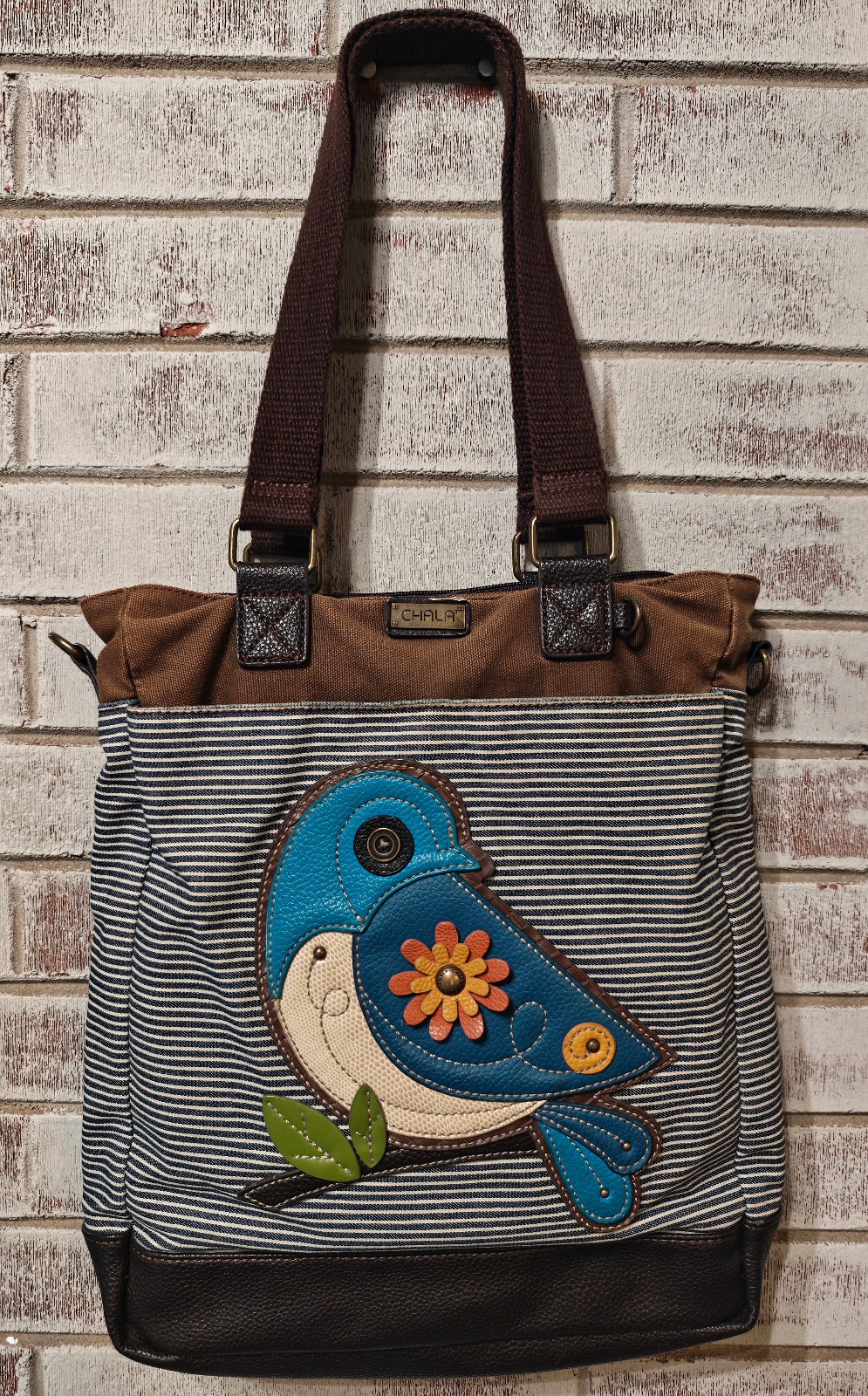Chala Bluebird Bird Lover Canvas Stripe Tote Shoulder Bag Faux Leather Purse