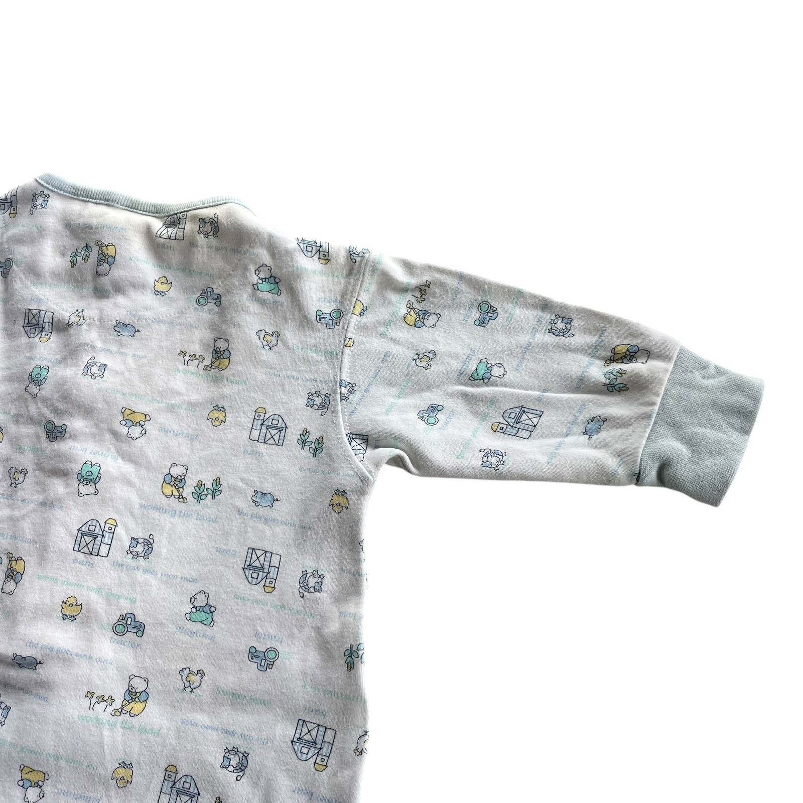 McBaby 6-9 M White Blue Farmer Bear Animal Tractor Print Romper Jumpsuit Vintage